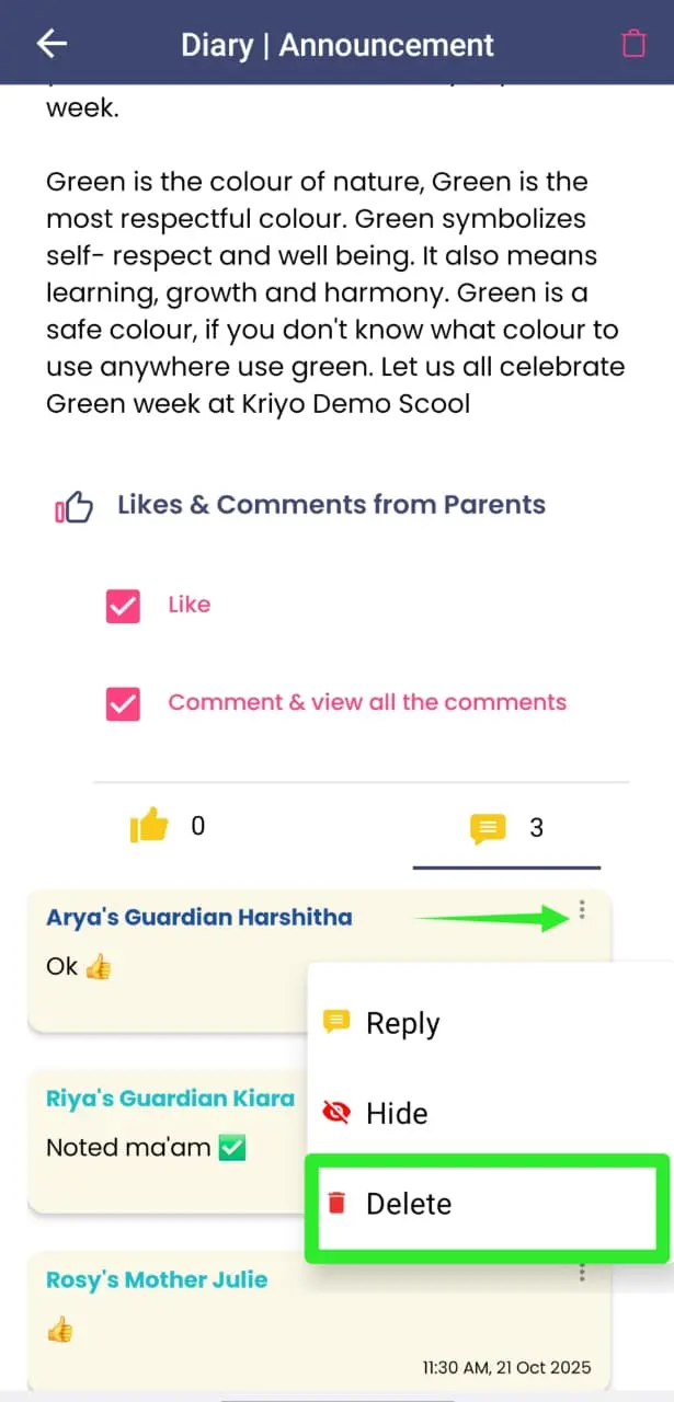 delete parent comment in diary