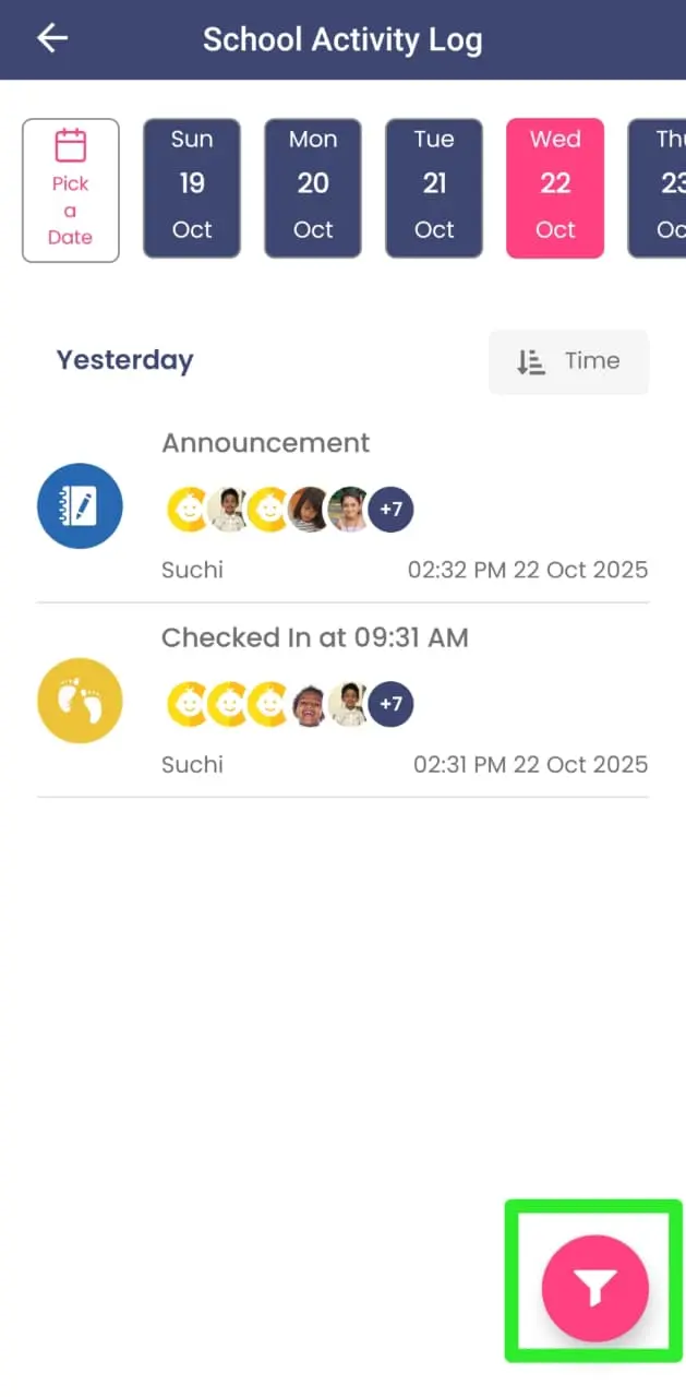Filters in school activity log Mobile